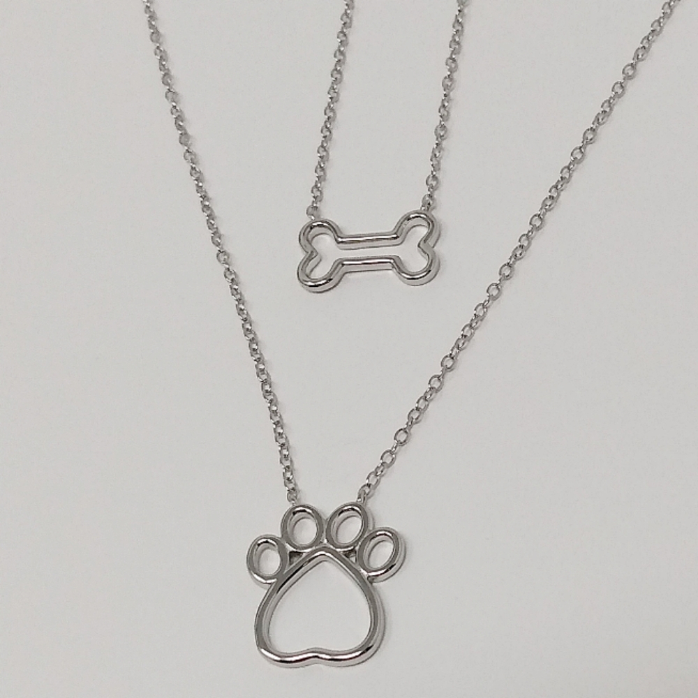 New sterling silver 925 dog paw print bone pendant double necklace